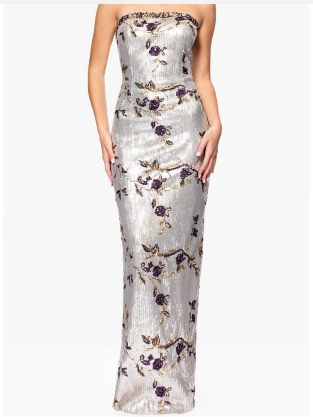 Betsy & Adam Silver Sequin Maxi Dress with Purple Floral Embroidery